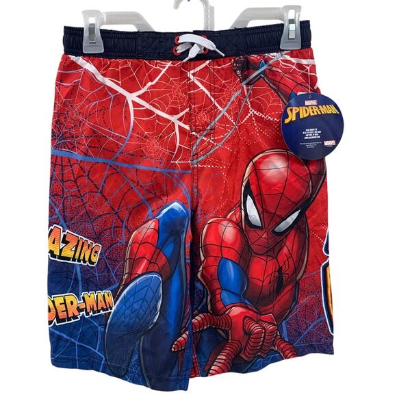 NWT New Marvel Spiderman Boys Medium Webbing Lined Swimming Swim Trunks - Picture 1 of 3